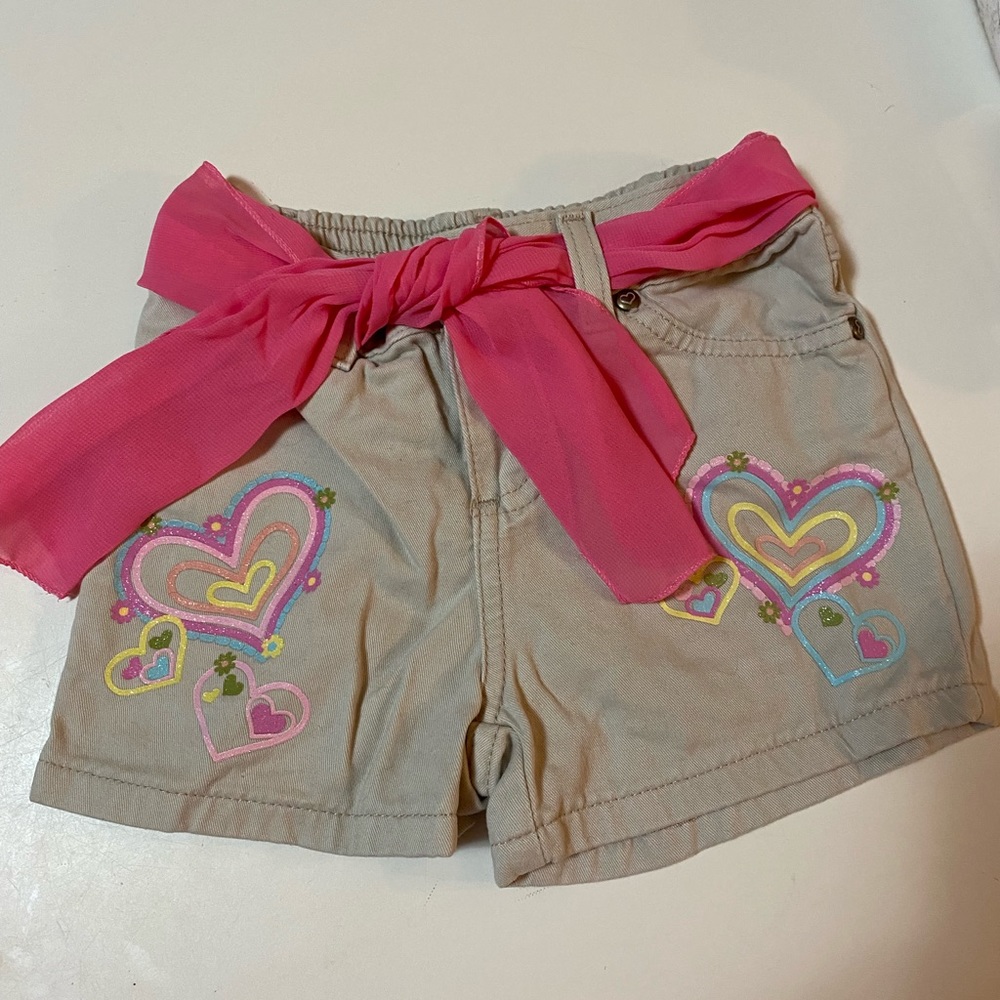 Girls Tan Shorts with Design and Ribbon Waste Tie